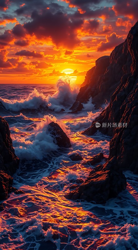 日落时分的海浪与岩石