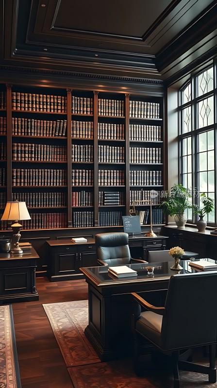 书房一角书架、桌椅与自然光相映成趣