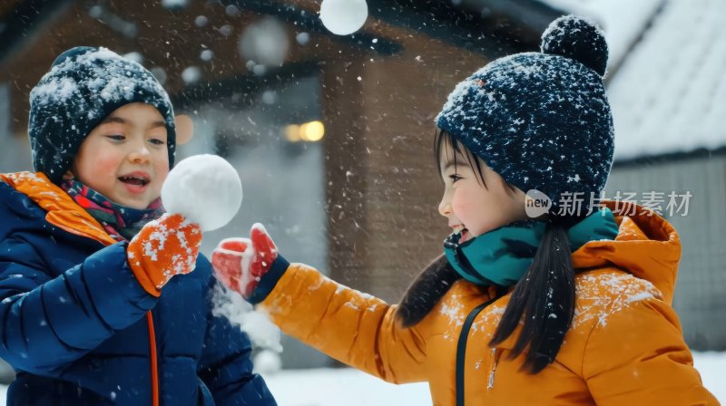 冬天下雪小孩儿童雪地打雪仗嬉戏