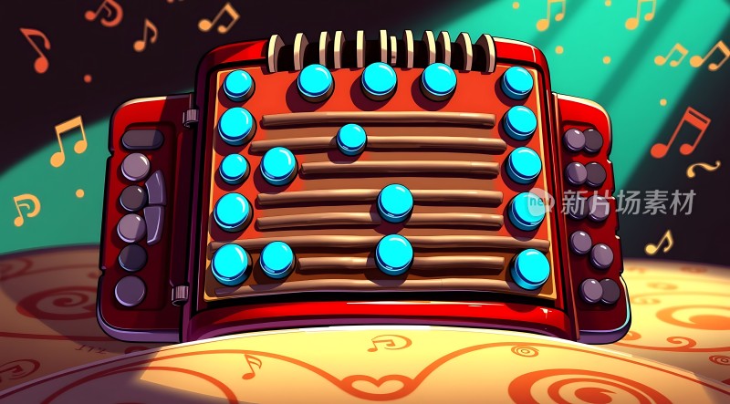 红色手风琴上的蓝色按钮