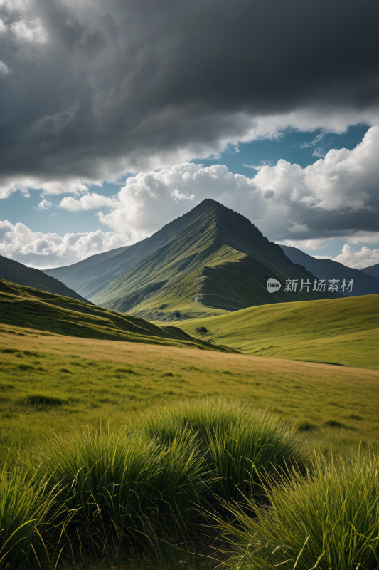 阴云密布的天空下有山的草地高清风景图片