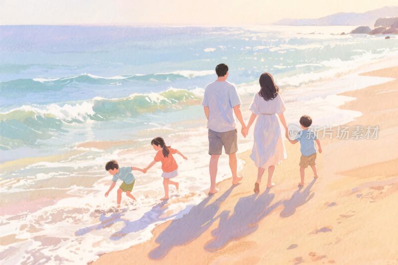 家庭海边插画