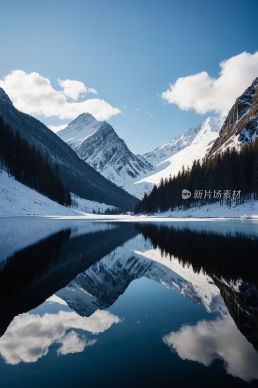 山倒映在雪景中部的湖泊中高清图片