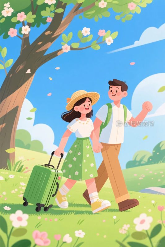 春日户外情侣出游插画