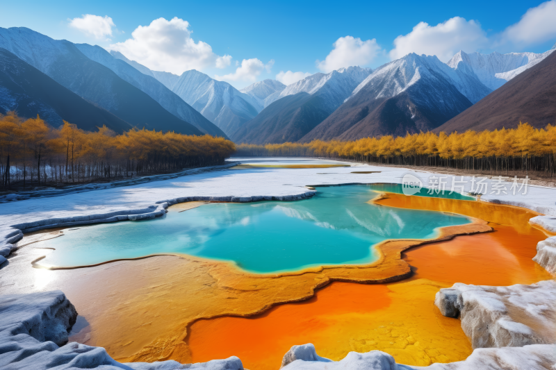 背景中山脉有湖泊地面上有雪高清风景图片