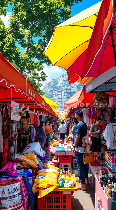 夏日集市色彩缤纷的商品和热闹的人群