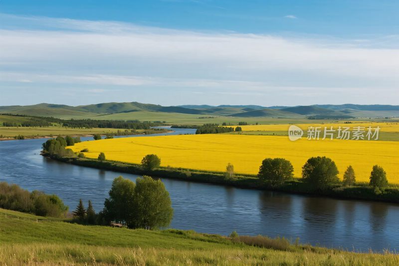 河流花田自然风光
