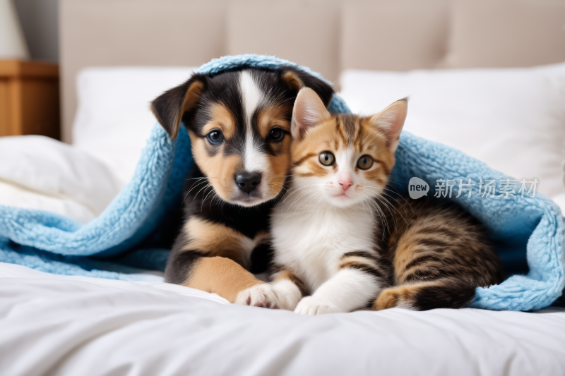 小狗和小猫在床上的毯子下高清图片