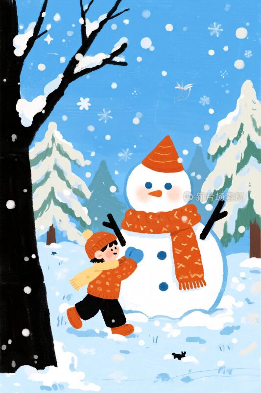 小孩堆雪人冬景插画