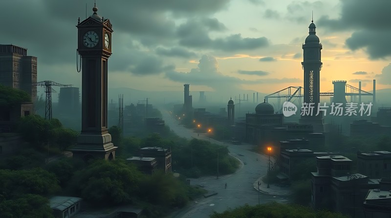 废弃都市的黎明时分钟楼与城市遗迹在晨雾中若隐若现