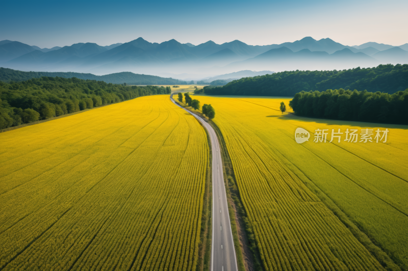 穿过一片黄色花田的道路的草图高清图片