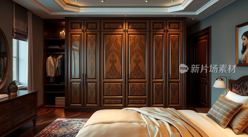 豪华卧室木制衣柜舒适床铺温馨氛围