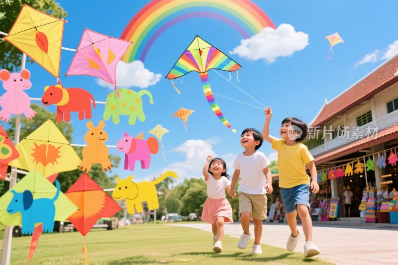 孩子们放风筝欢乐场景