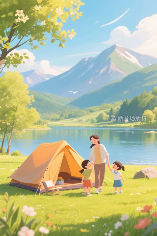 一家人户外露营美好场景