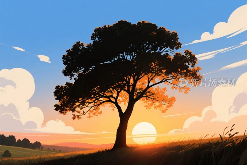日落孤树风景插画