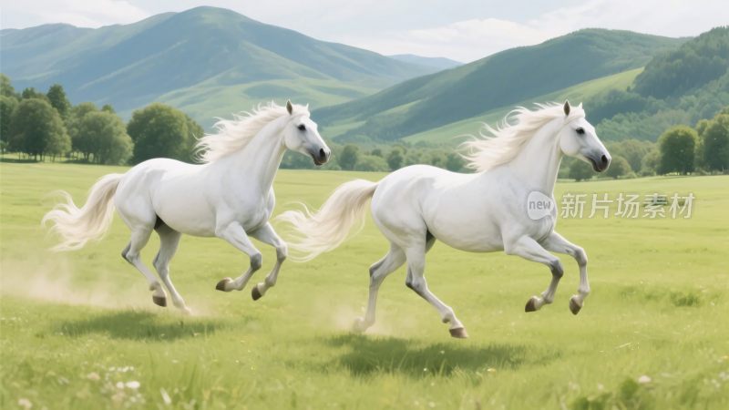 草原上两匹白马奔腾