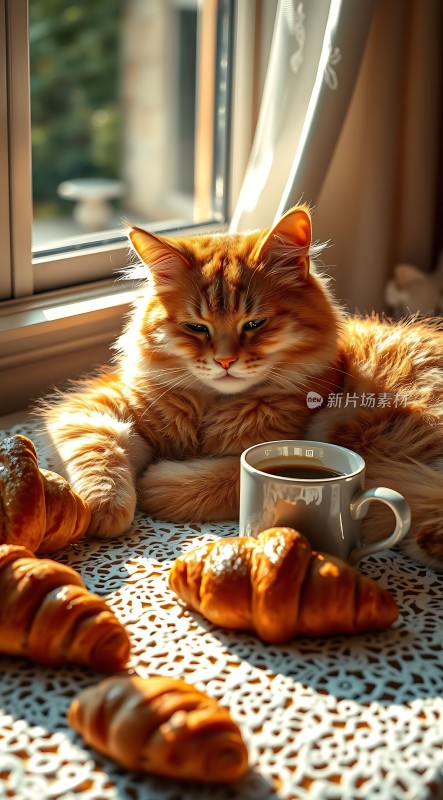 阳光下的橘猫与咖啡和羊角面包
