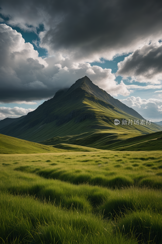 一座山前面一片草地高清风景摄影图片