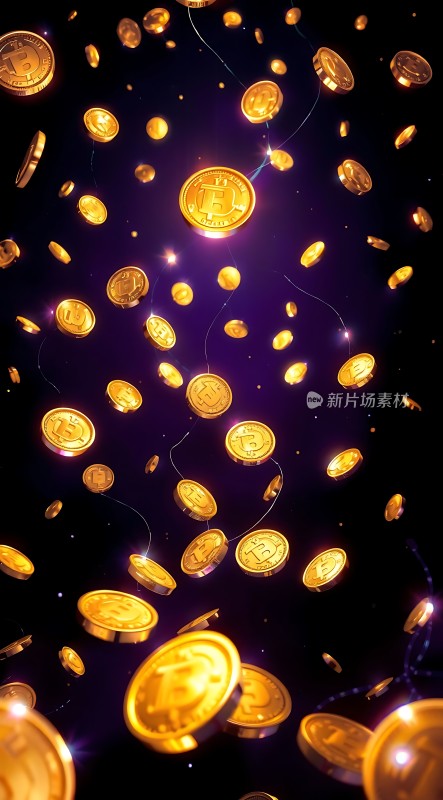 金色比特币在空中飞舞