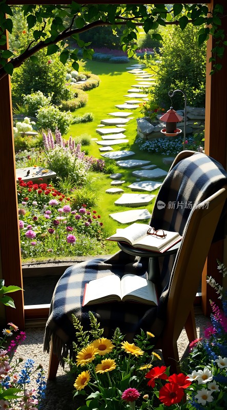 阳光午后绿意盎然书香伴花影