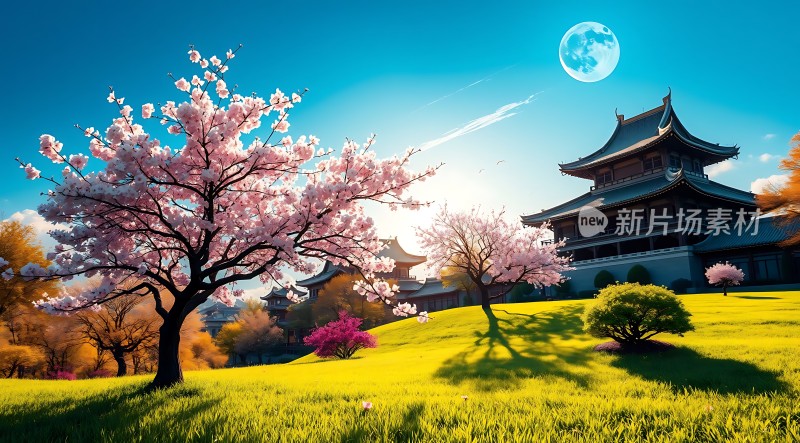 春樱古塔映月图