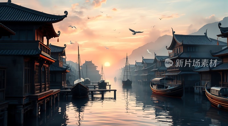 古风水乡日落美景