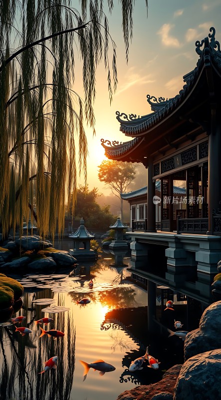 古亭垂柳映日金鲤戏水池塘