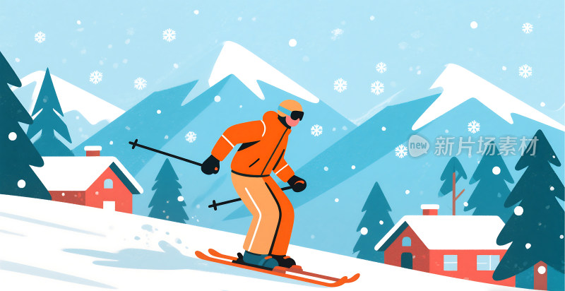 冬天雪景滑雪插画背景
