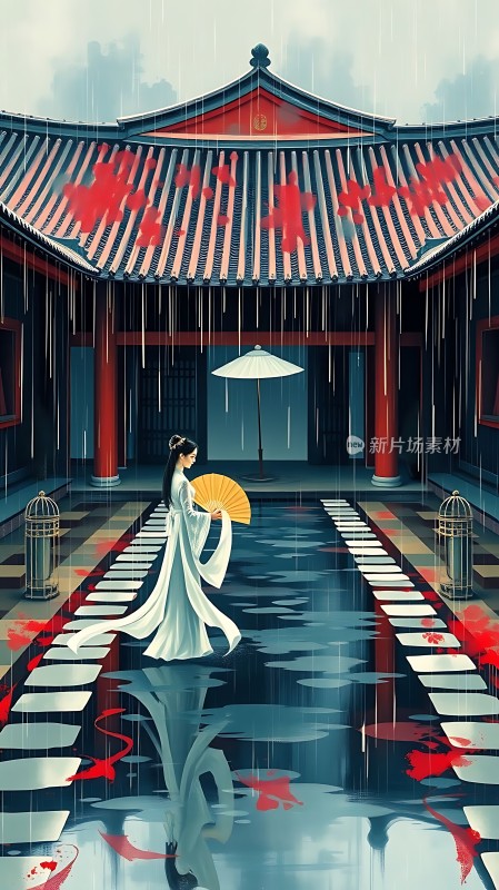 雨中佳人撑伞漫步