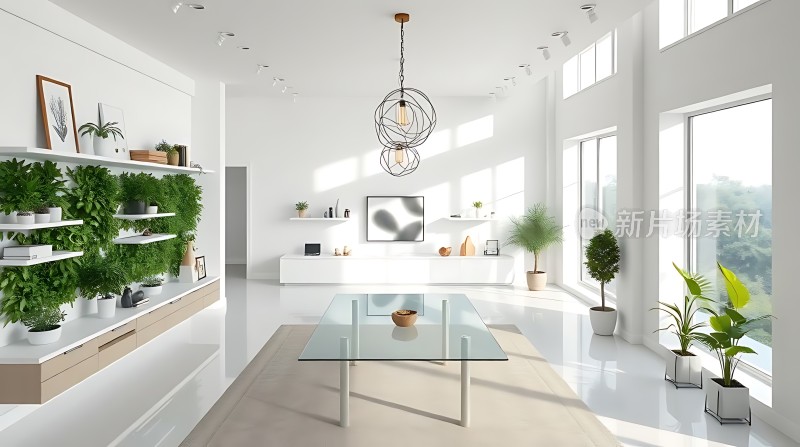 现代简约客厅绿植环绕玻璃茶几时尚吊灯自然光线充足
