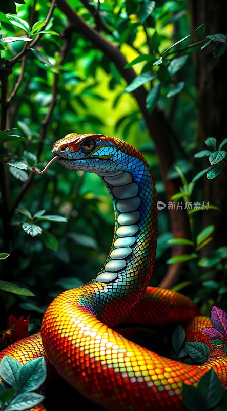 彩虹蛇在绿意盎然中蜿蜒