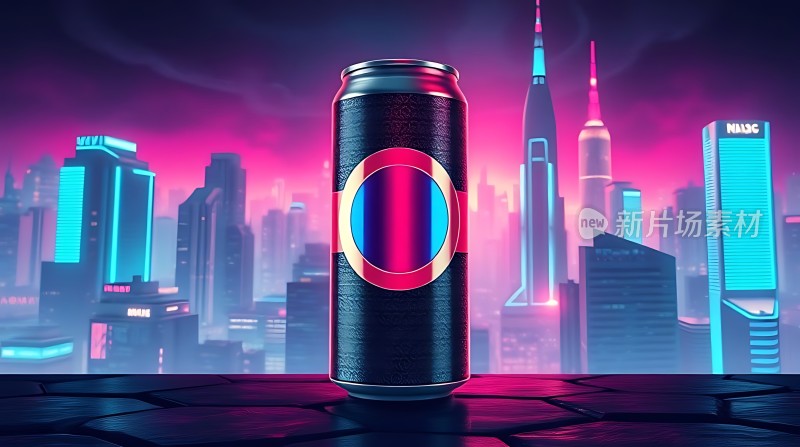 未来都市中的炫目饮料罐