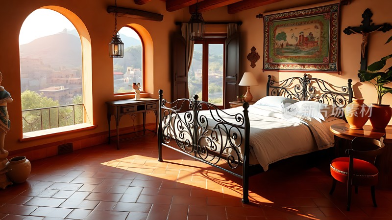 阳光洒满地中海风情卧室铁艺床与自然美景相映成趣