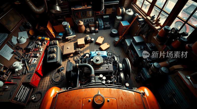 机械车间里的复古汽车维修