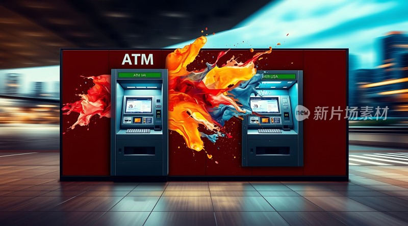 ATM机旁色彩斑斓的艺术喷泉