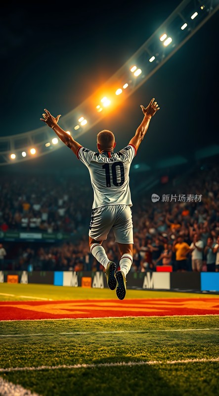 足球场上球员高举双手庆祝胜利