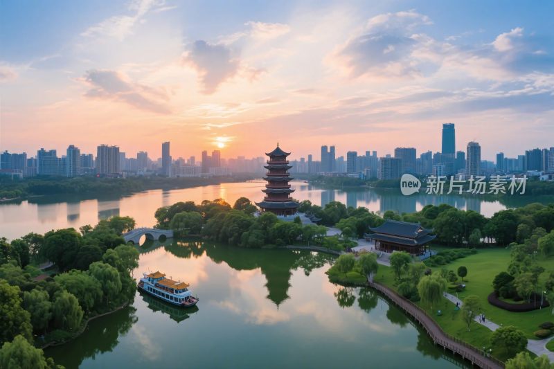 城市湖泊古塔风光