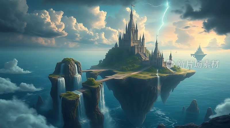 天空之城梦幻宫殿瀑布奇景神秘岛屿