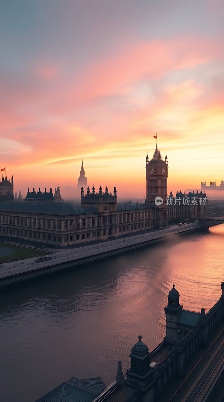 伦敦黄昏映照泰晤士河畔美景