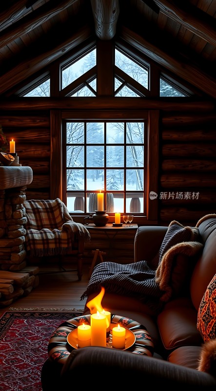 温馨木屋蜡烛与壁炉营造宁静氛围