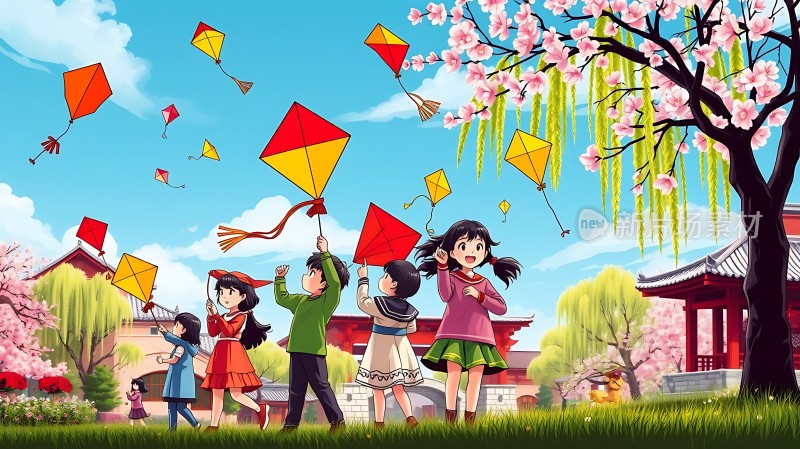 春日放风筝欢乐满园春色浓