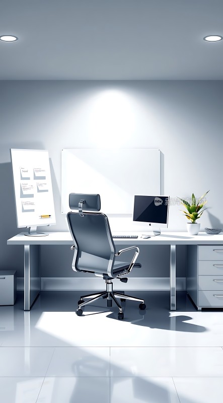 简约现代办公室白色调办公桌椅整洁明亮的工作环境
