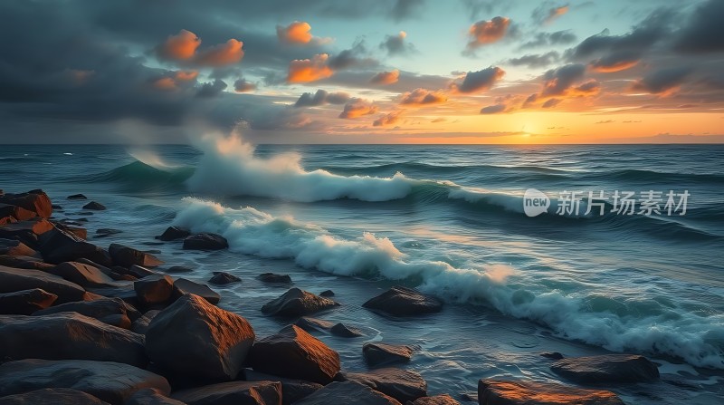 日落时分的海浪与岩石