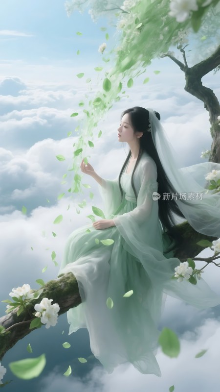 仙子轻舞绿叶间云雾缭绕梦如幻