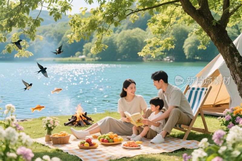 家庭户外惬意野餐场景