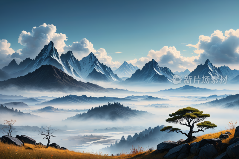 山上一棵孤独的树一座有湖的草山上插图