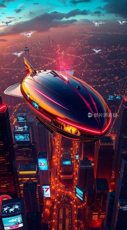 未来之城悬浮巴士与无人机共舞