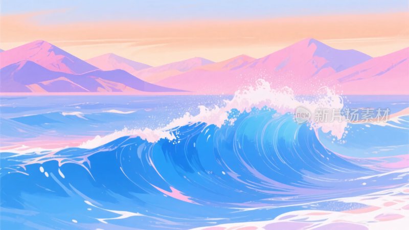海浪与远山的梦幻插画