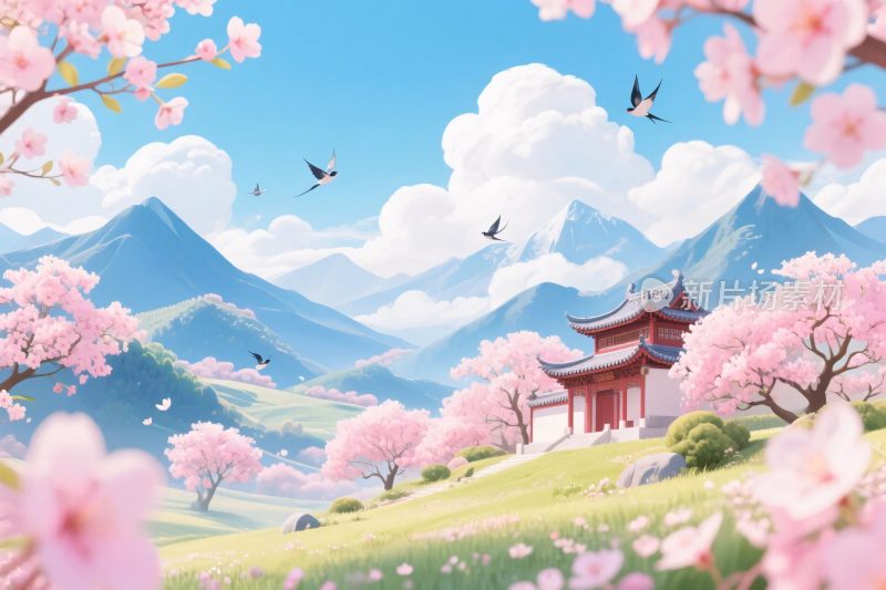 樱花古风山水插画