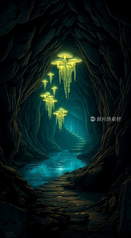 神秘洞穴中的荧光蘑菇